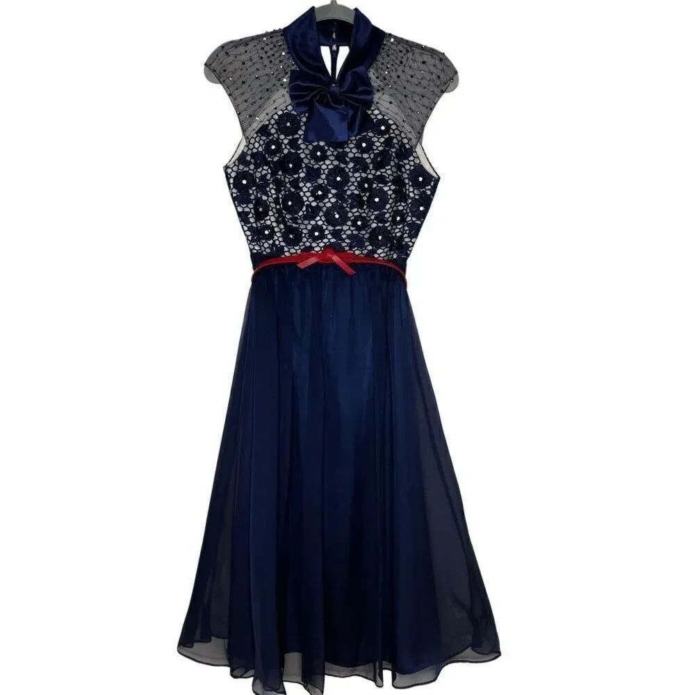 Ou Shi Ying Blue Silk Guipure Lace Beaded Fit & Flare Midi Dress Sz S Kawaii